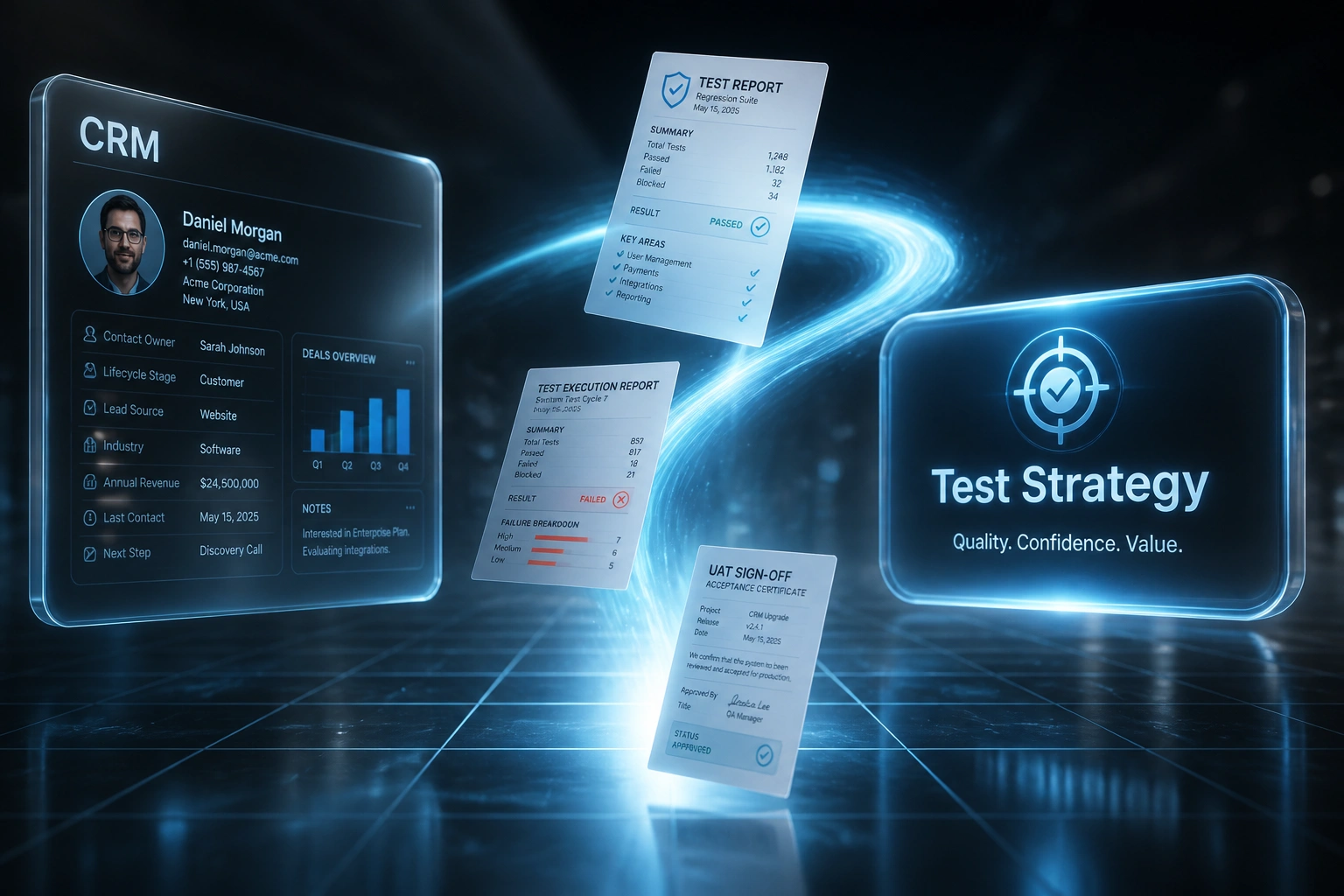 A glass CRM panel and a cyan Test Strategy badge linked by a ribbon of test reports and contract documents, illustrating an integration testing strategy