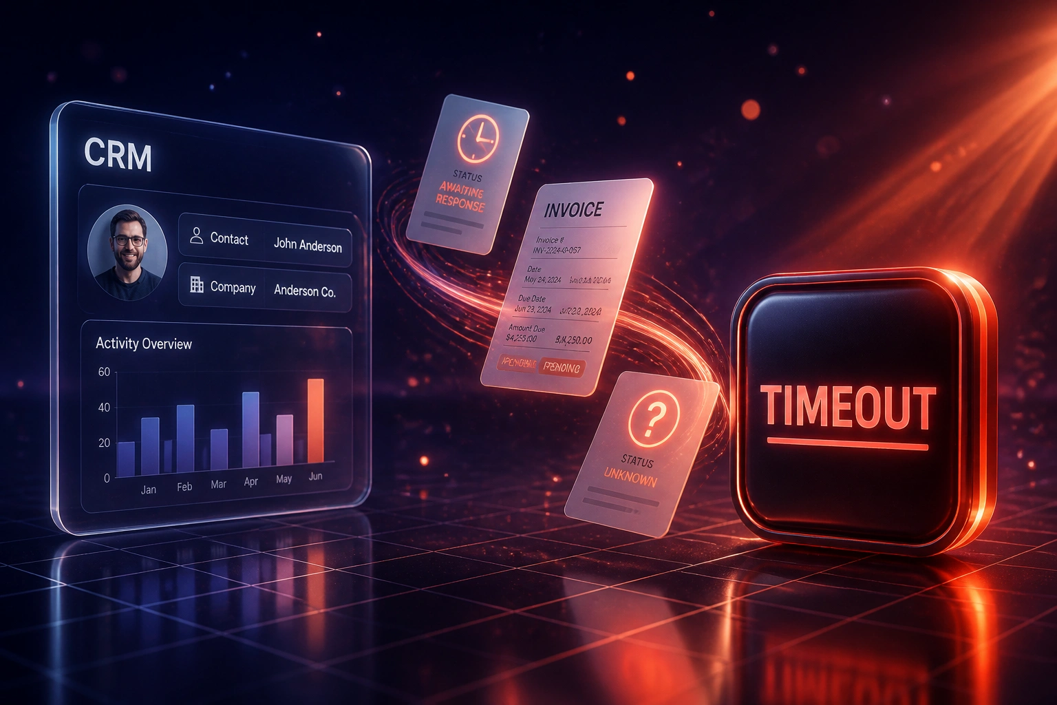 A glass CRM panel and a coral-orange TIMEOUT badge linked by a ribbon of invoice and status documents, one marked unknown after a network timeout