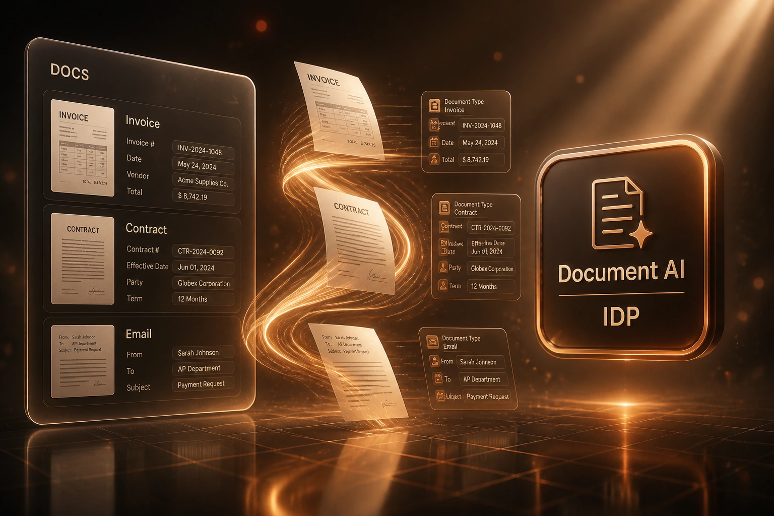 A DOCS glass panel of invoices and contracts flowing along a copper ribbon into a Document AI IDP badge, illustrating an intelligent document processing pipeline