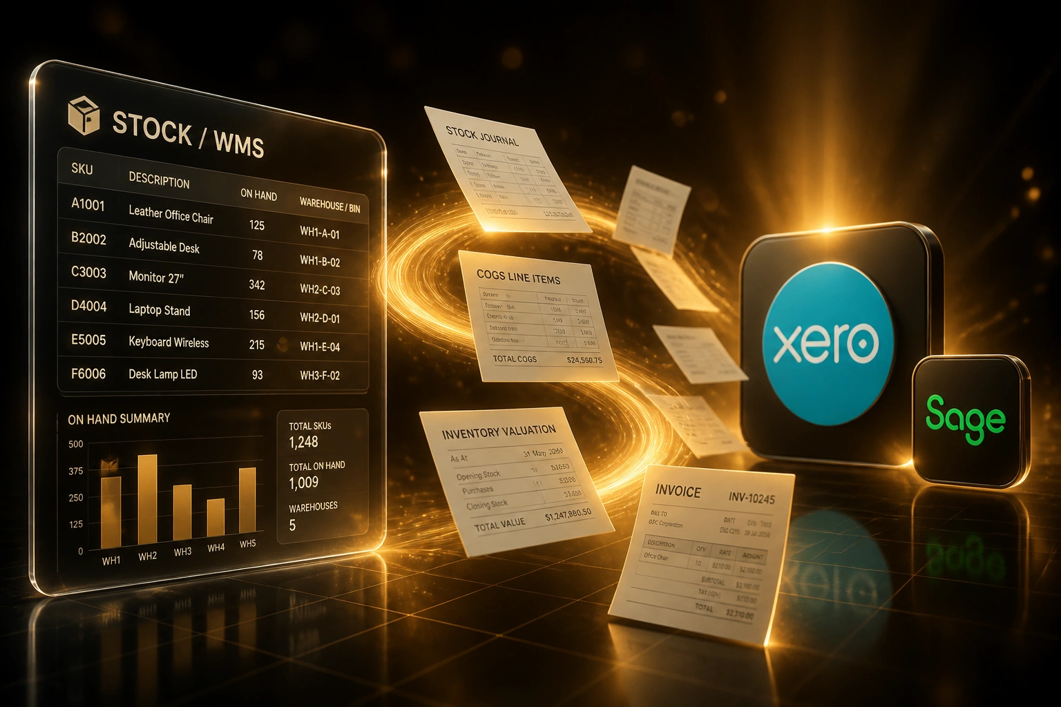 A glass STOCK/WMS panel connected by an amber ribbon of stock journals and COGS documents to Xero and Sage badges, illustrating inventory accounting sync