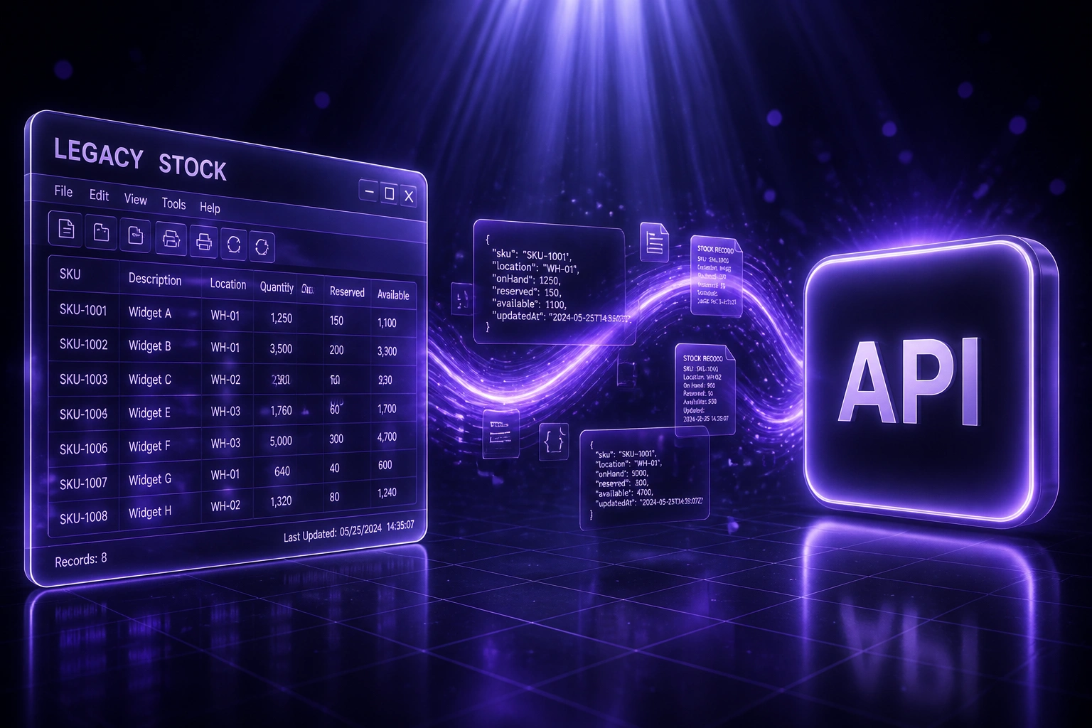 A glass LEGACY STOCK panel and a glowing API badge connected by an S-curved ribbon of JSON stock payloads on a midnight indigo floor