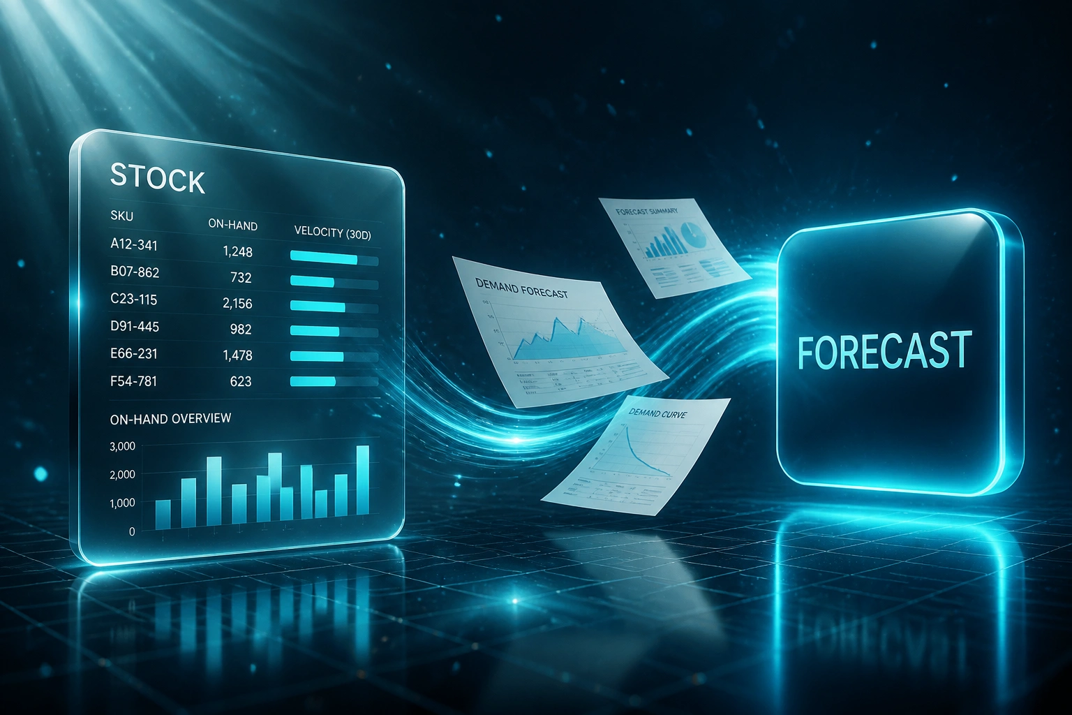 A glass STOCK panel and a cyan FORECAST badge linked by demand curve charts on a deep teal navy floor grid