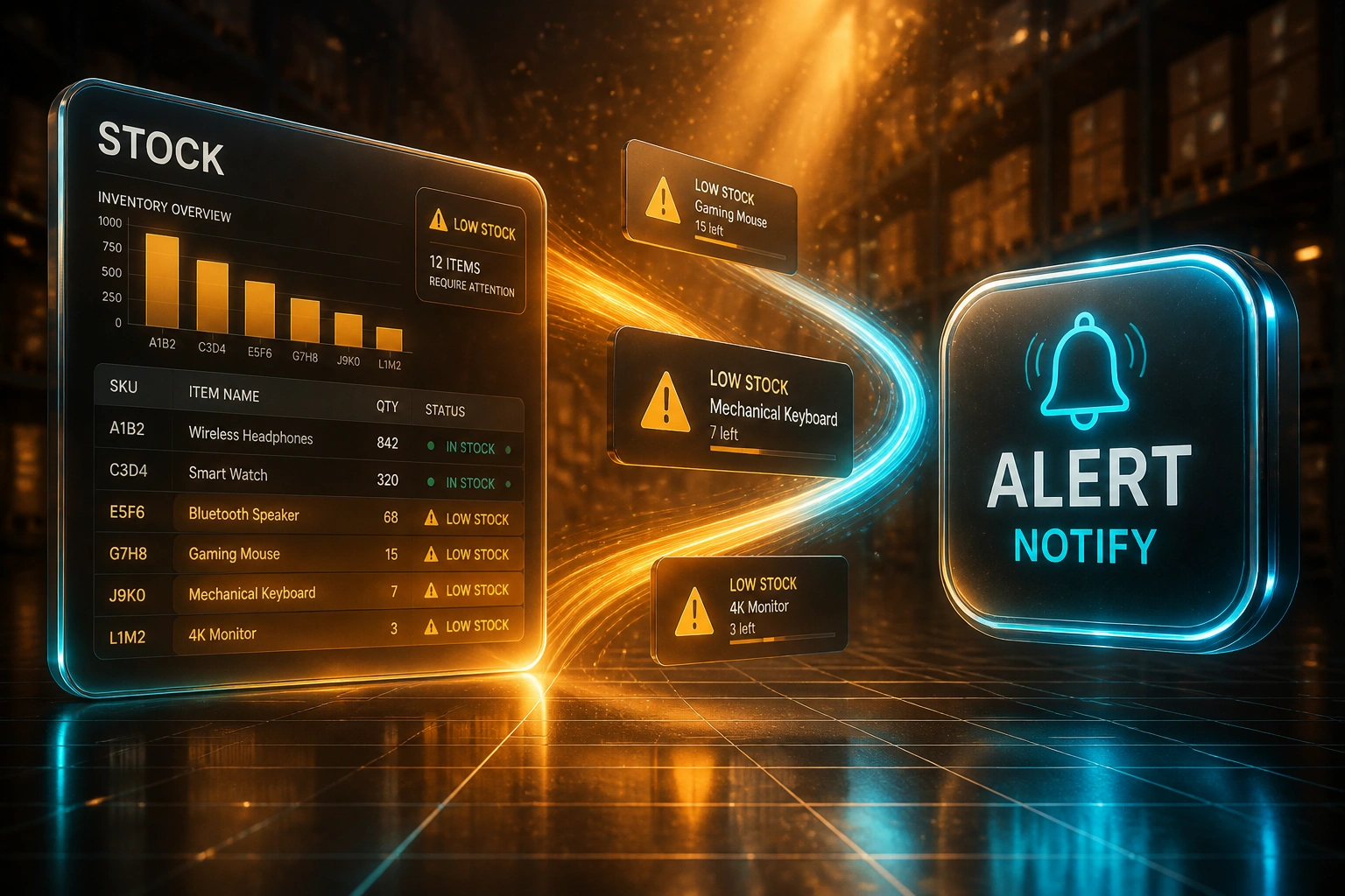 A glass STOCK panel and cyan ALERT NOTIFY badge linked by low-stock warning cards on a warm amber warehouse floor grid
