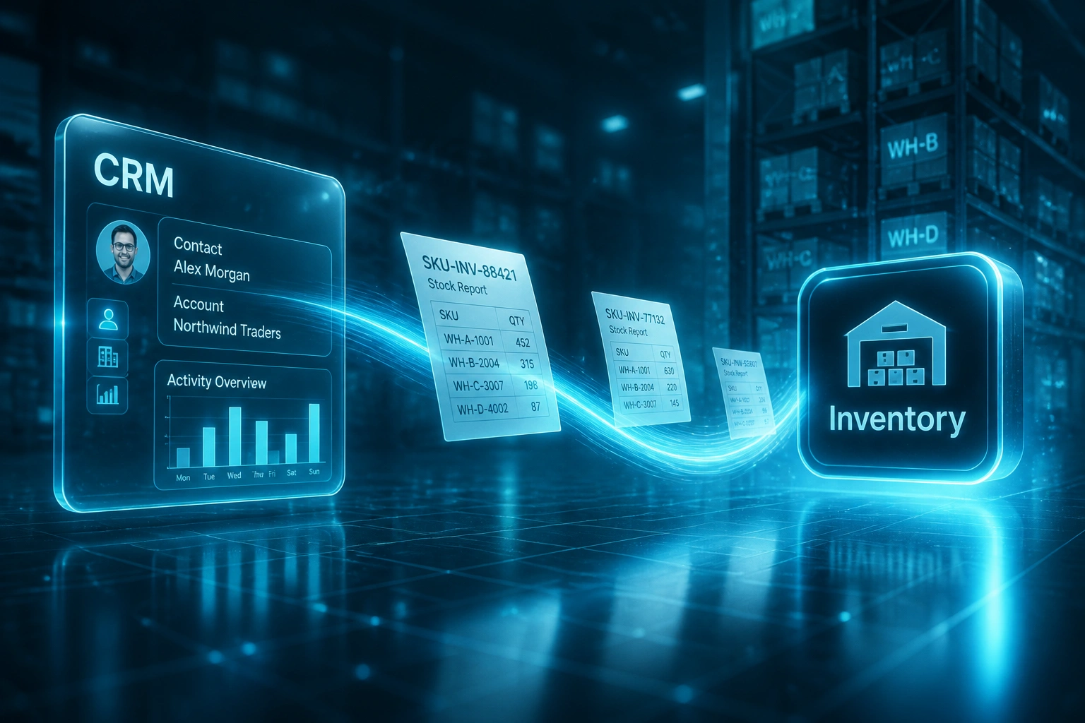 A CRM glass panel and an Inventory badge connected by a cyan ribbon of stock and SKU documents, illustrating multi-warehouse inventory visibility