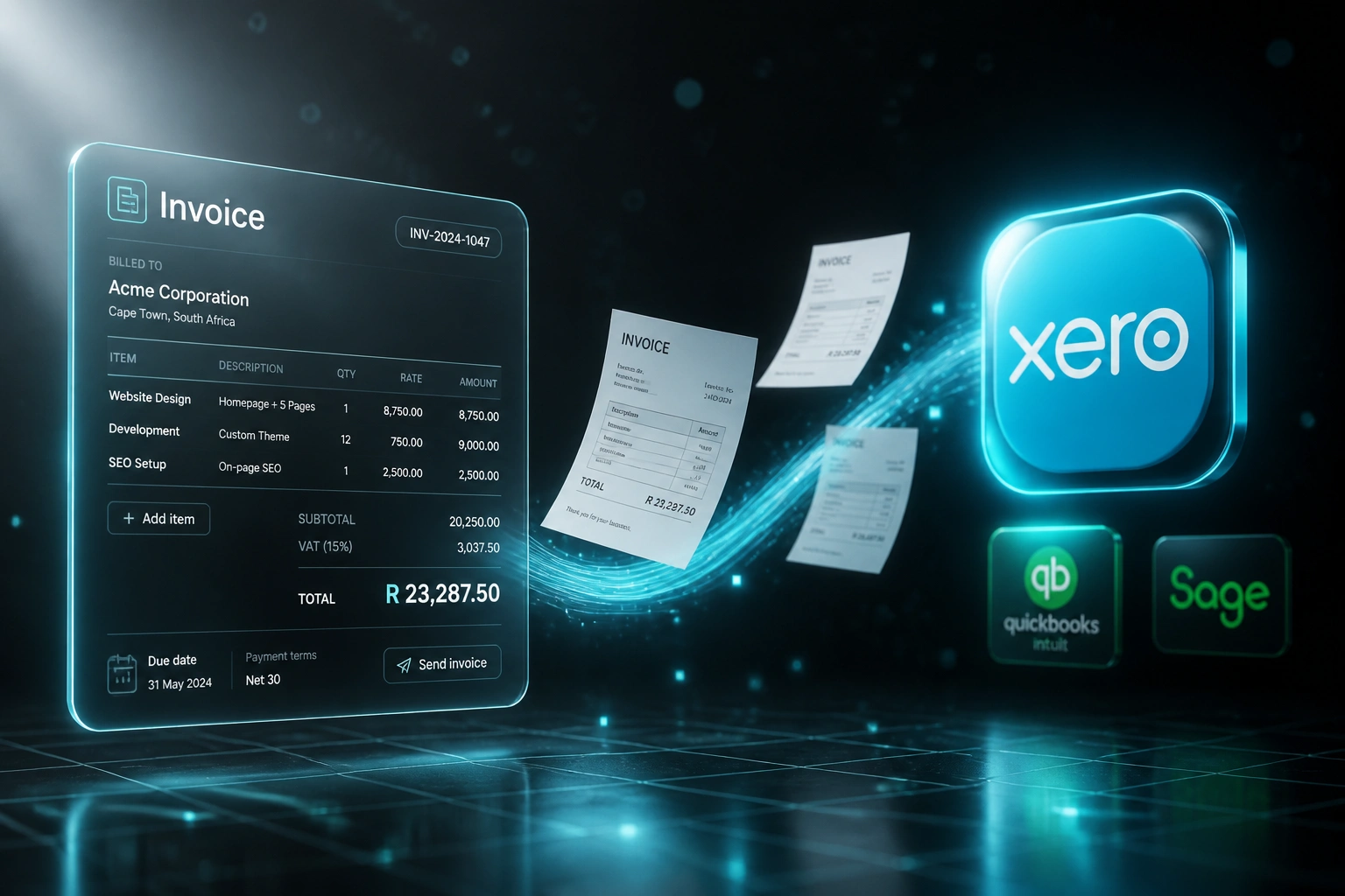 An invoice panel connected to Xero, QuickBooks, and Sage badges by a flowing stream of invoice documents, illustrating automated accounting integration