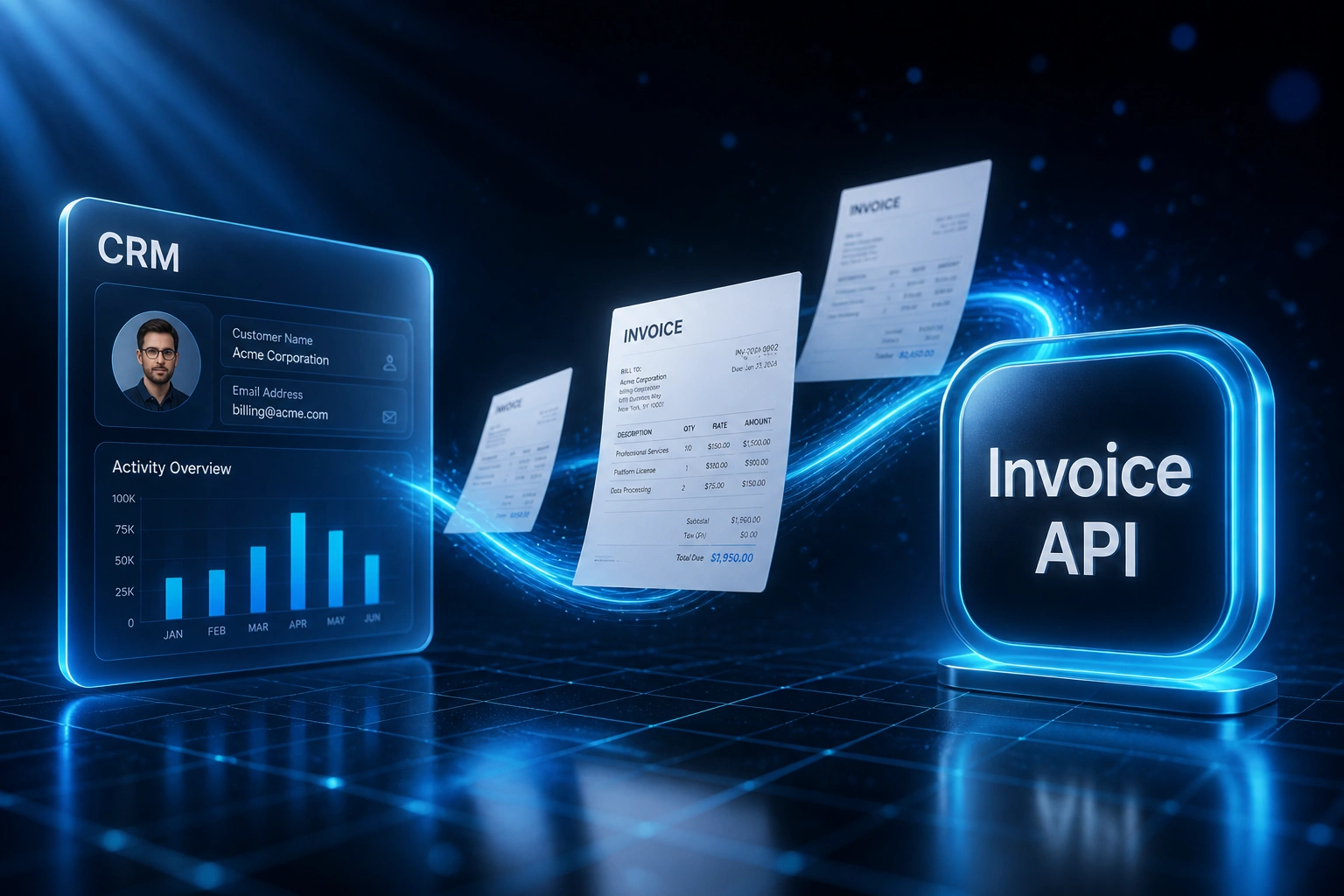 A glass CRM panel and a glossy Invoice API badge linked by an S-curved ribbon of light carrying floating invoices, illustrating programmatic billing