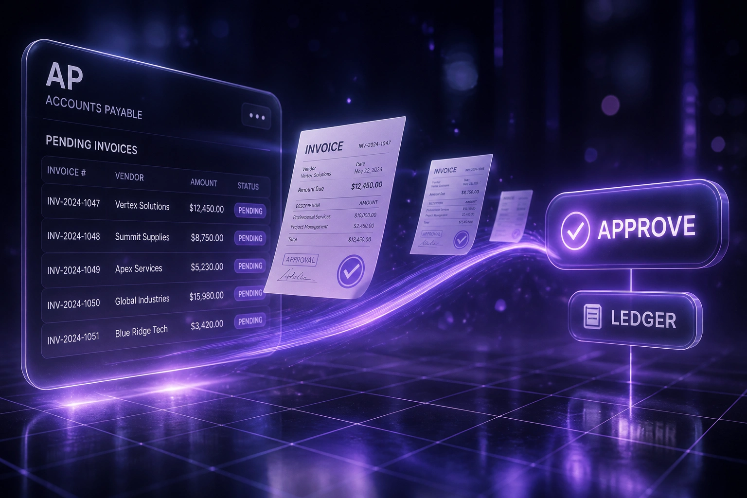 Glass AP panel with pending invoices connected by a violet ribbon of approval documents to glossy APPROVE and LEDGER badges