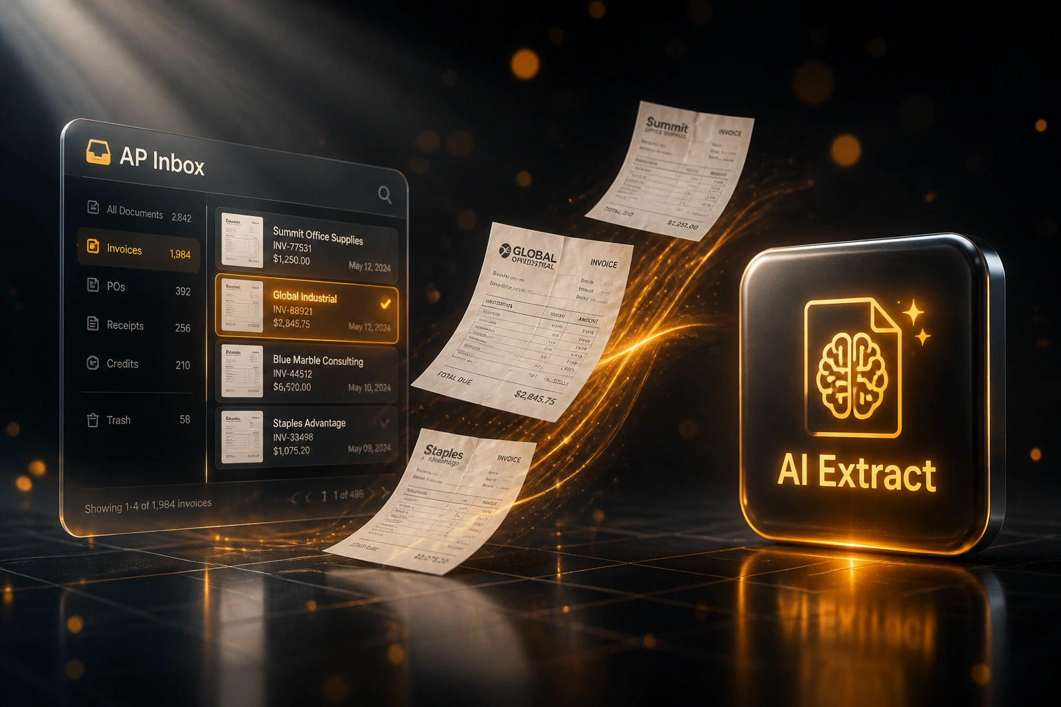 A glass AP Inbox panel and an AI Extract badge connected by a flowing ribbon of supplier invoices, illustrating AI invoice data extraction