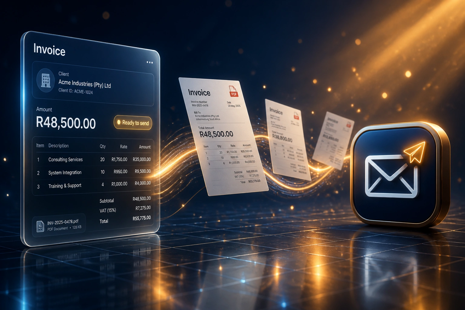 A glass Invoice panel connected by an amber ribbon of flying PDF invoices to a glossy email-delivery badge, illustrating automated invoice email sending