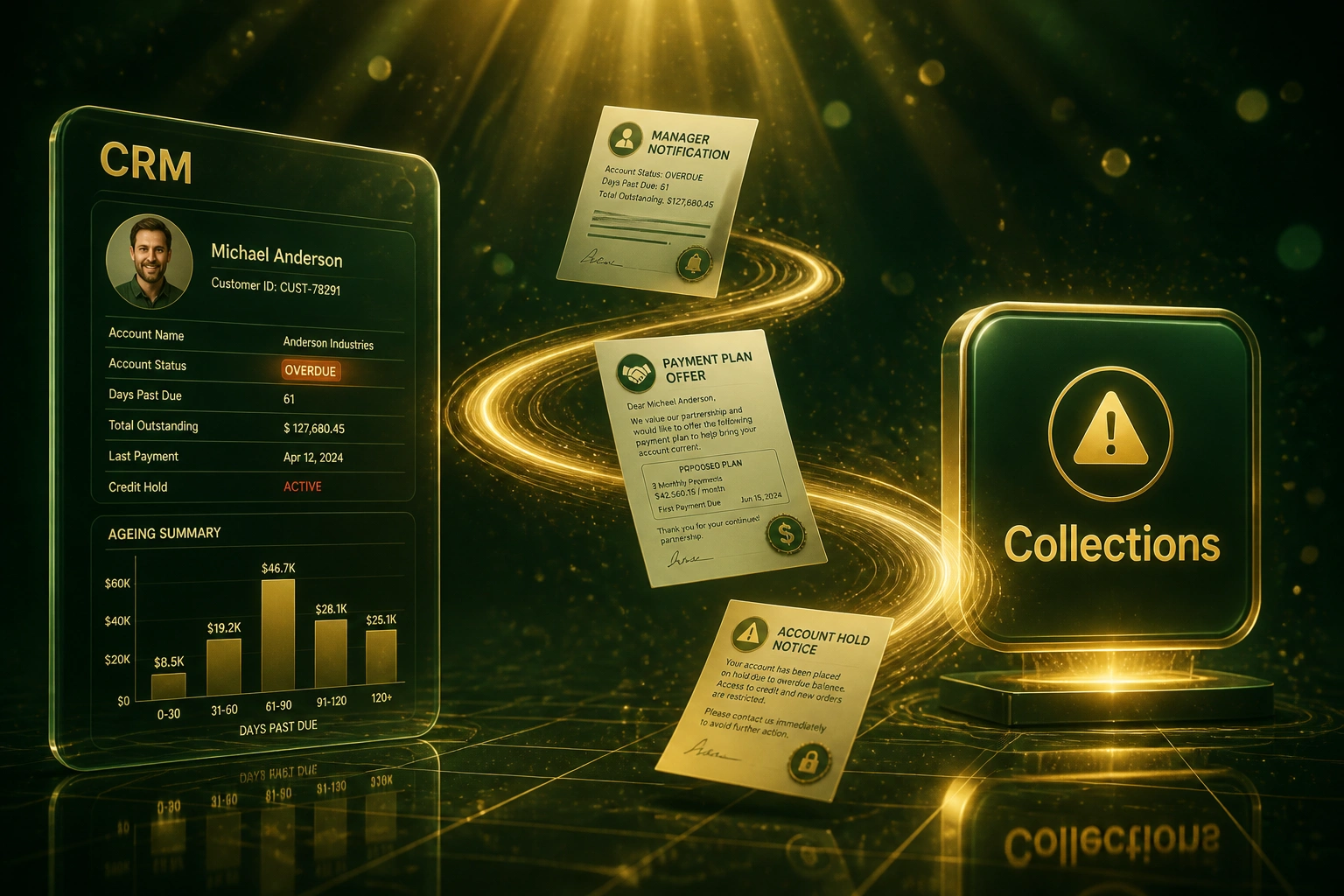 A glass CRM panel and Collections badge linked by a gold ribbon carrying manager notifications, payment-plan offers, and account-hold notices, illustrating automated invoice escalation