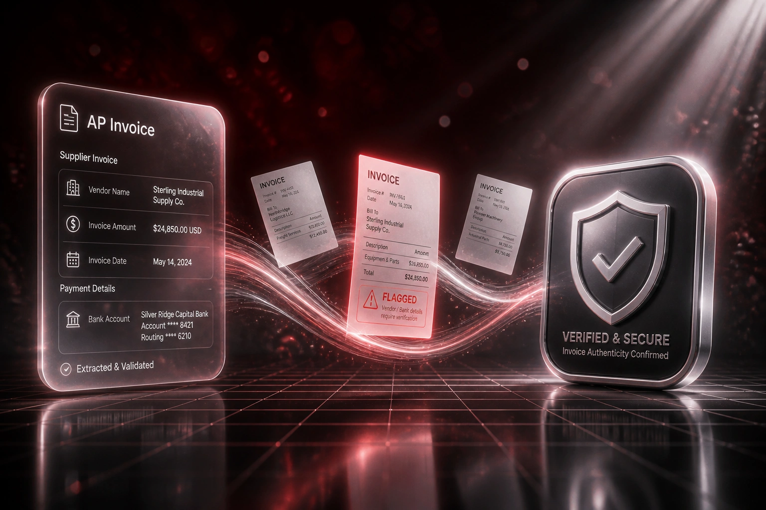 An AP invoice glass panel and a silver verification badge connected by a stream of invoices, one flagged as suspicious, illustrating automated invoice fraud detection
