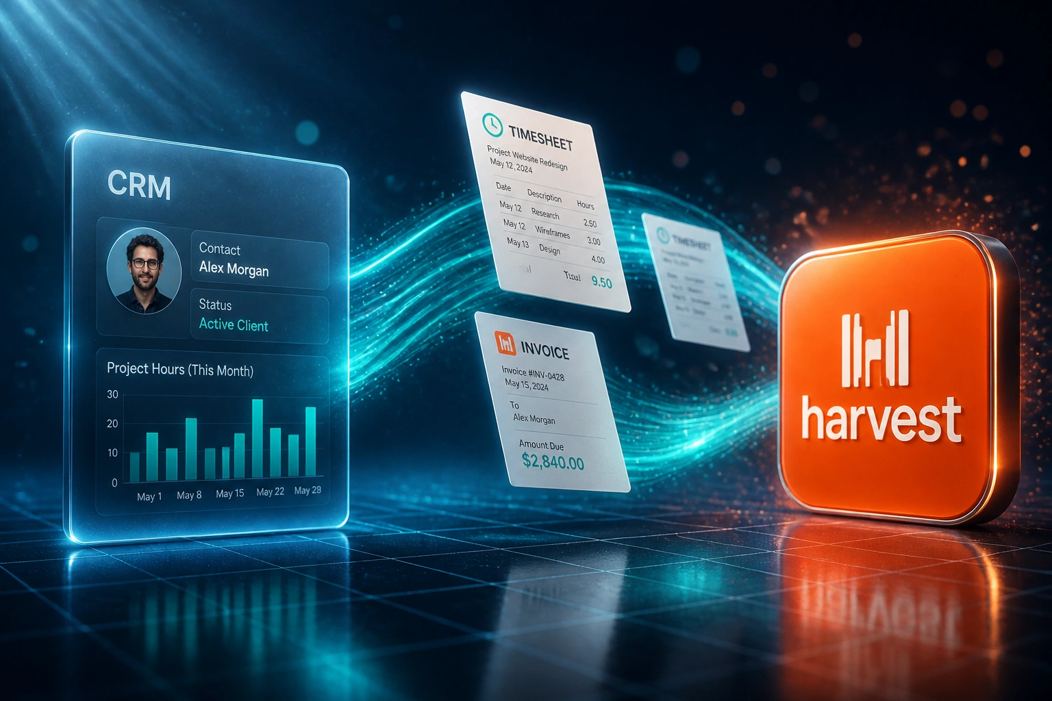 A CRM panel and the Harvest logo connected by a teal ribbon of timesheets and invoices, illustrating automated timesheet invoicing