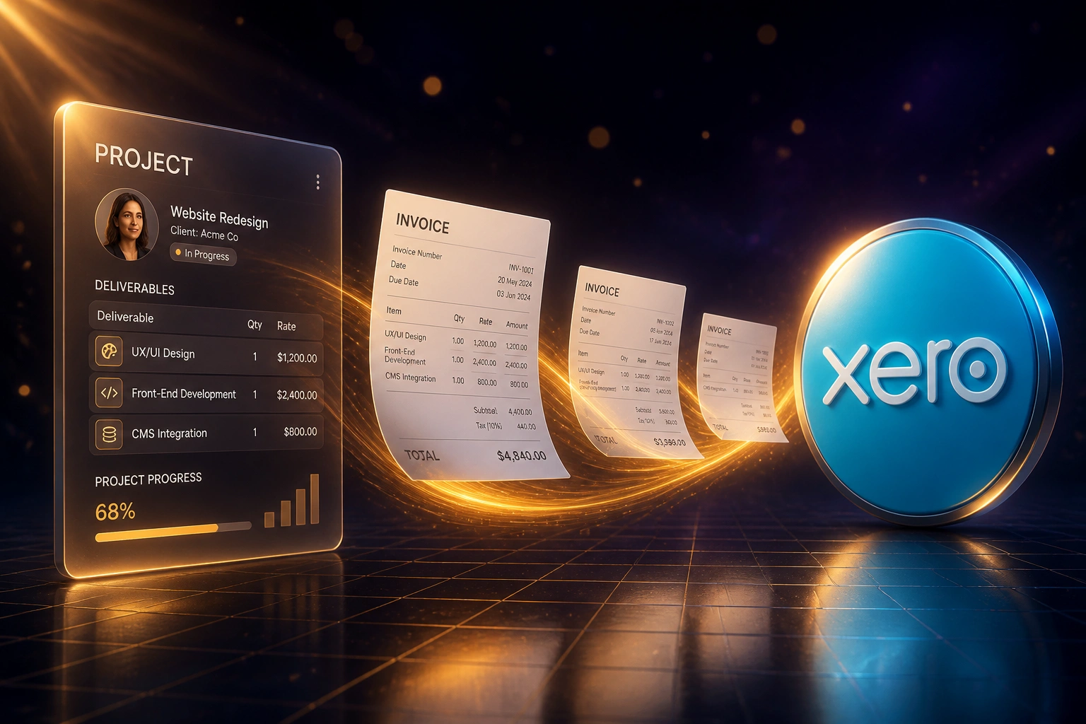 A PROJECT panel and the Xero logo connected by an amber ribbon of invoice line-item documents, illustrating automated project billing
