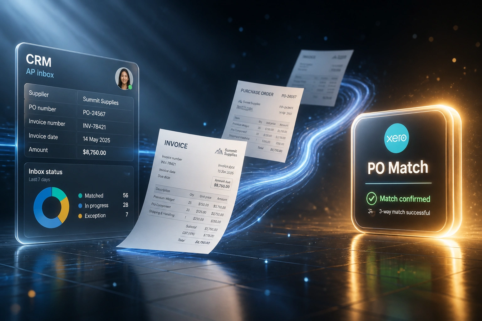 A glass CRM AP inbox panel and a glossy PO Match badge linked by invoice and purchase order documents on an amber-lit steel blue floor grid