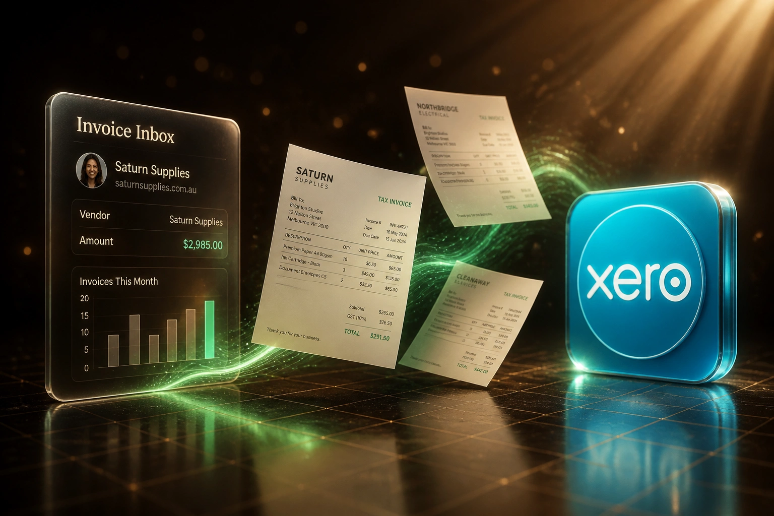 An invoice inbox panel and the Xero logo connected by a flowing stream of supplier invoices, illustrating automated invoice OCR and data capture