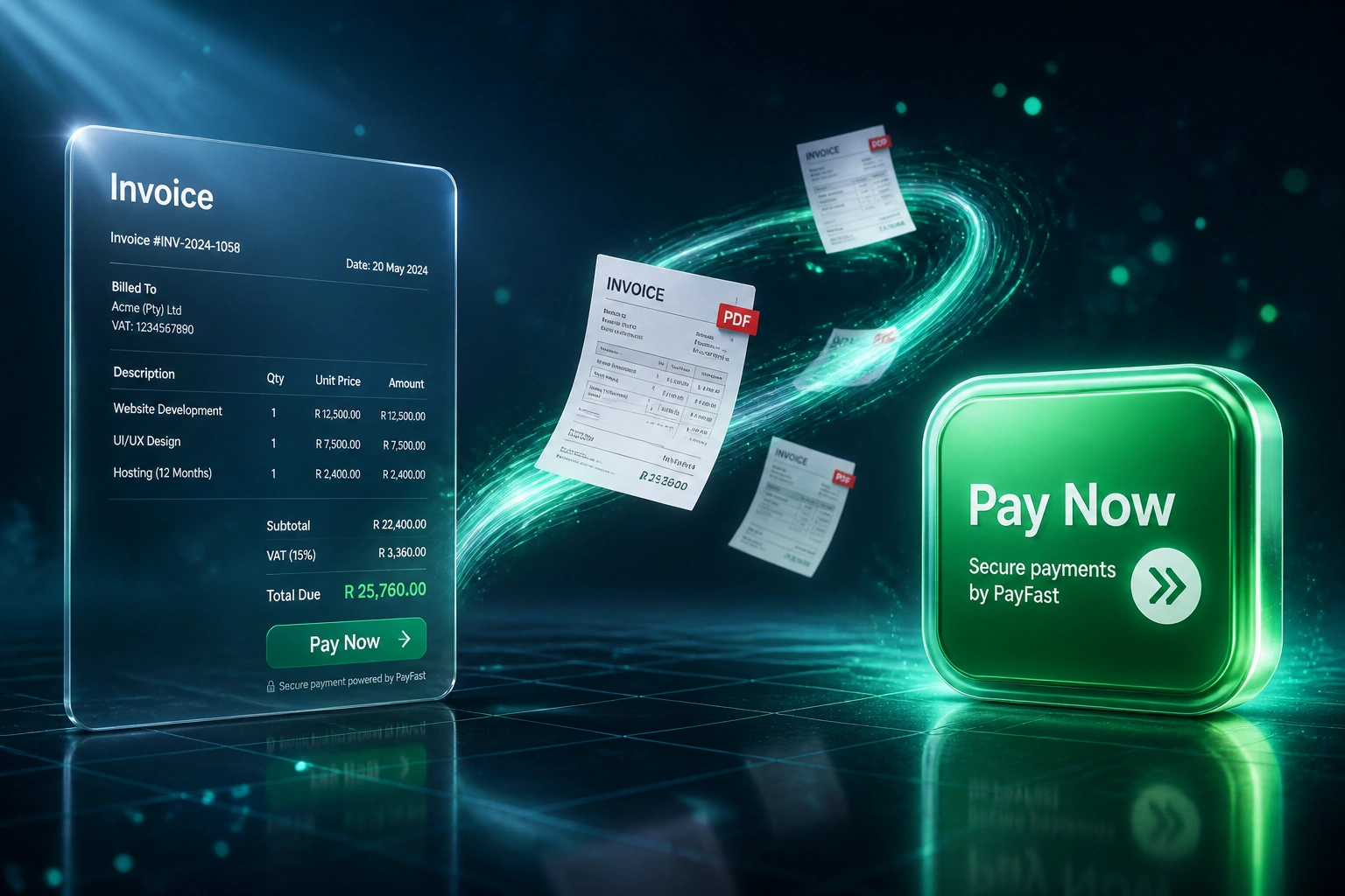 A glass Invoice panel connected by an emerald ribbon of PDF invoices to a glossy green Pay Now badge, illustrating one-click invoice payment links