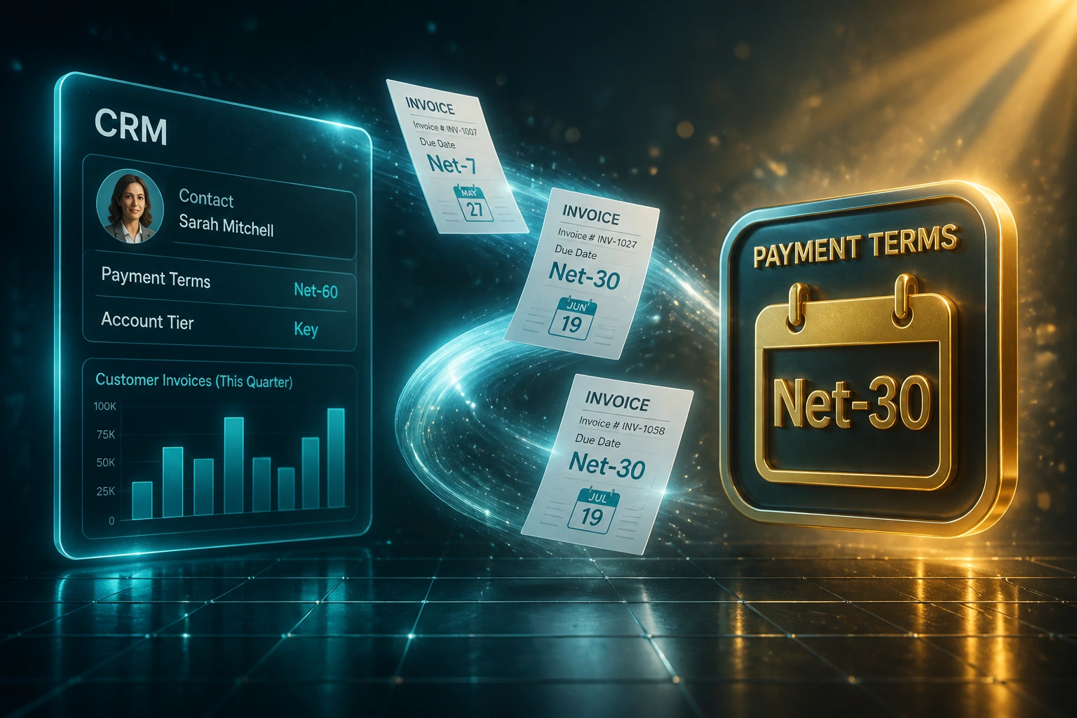 A glass CRM panel and a glossy gold Net-30 payment terms badge connected by a teal ribbon of invoices showing Net-7, Net-30, and Net-60 due dates