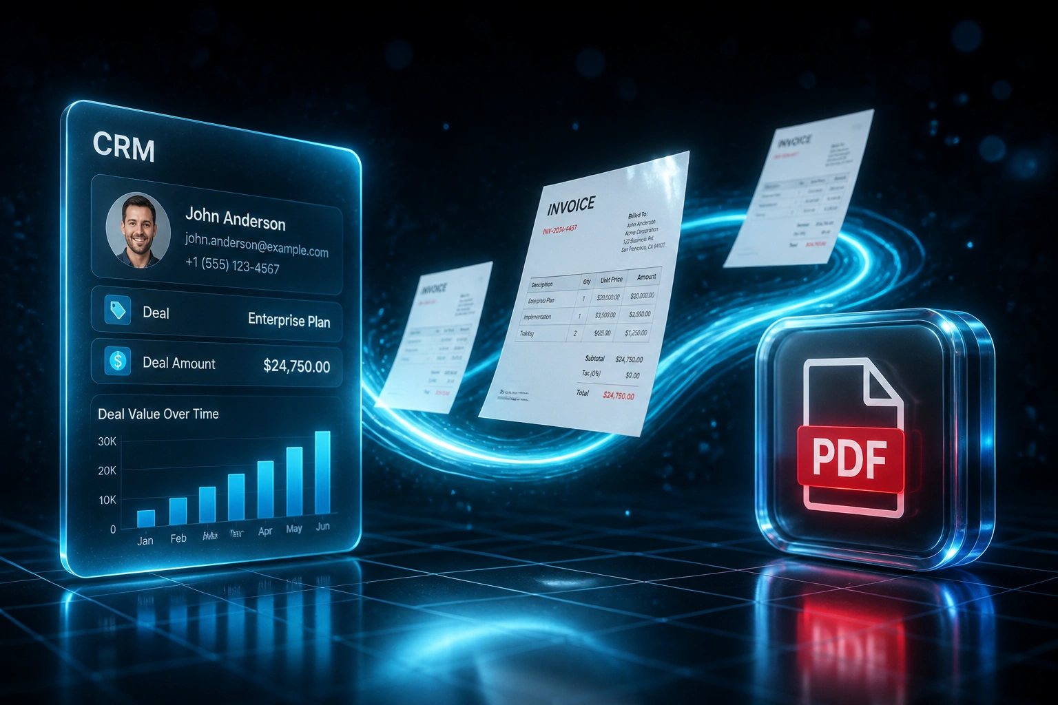 A CRM deal panel connected by a cyan ribbon of light to a PDF invoice badge, with invoice documents mid-flight, illustrating automated invoice PDF generation