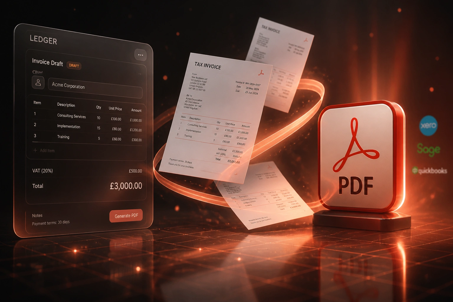 A ledger glass panel connected by a coral ribbon of light to a glossy PDF badge, with tax invoice documents mid-flight, illustrating automated invoice PDF generation