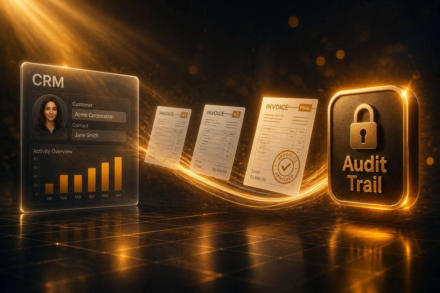 A glass CRM panel and a glossy Audit Trail badge linked by an amber ribbon carrying invoice revision documents labelled v1, v2, and stamped final