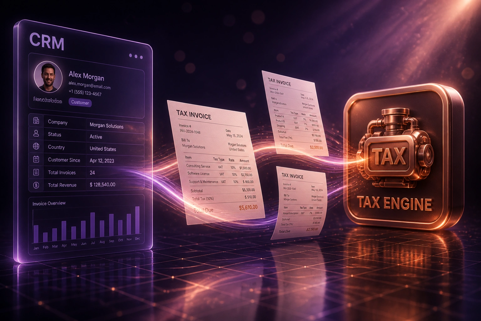 A glass CRM panel connected by a copper ribbon of tax invoices to a glossy Tax Engine badge, illustrating automated multi-region tax calculation