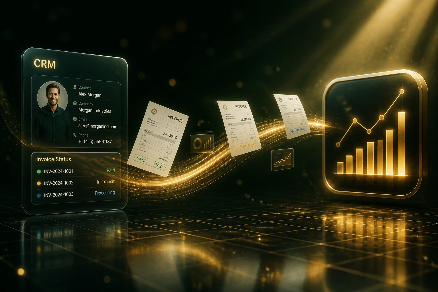 A glass CRM panel and gold analytics dashboard badge linked by floating invoices and mini chart cards on a ribbon of light, illustrating a real-time invoice tracking dashboard