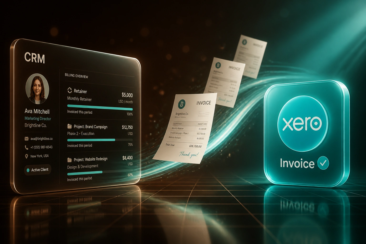 A glass CRM panel showing retainer and project billing rows connected by a teal ribbon of invoices to a Xero invoice badge, illustrating an agency invoicing workflow