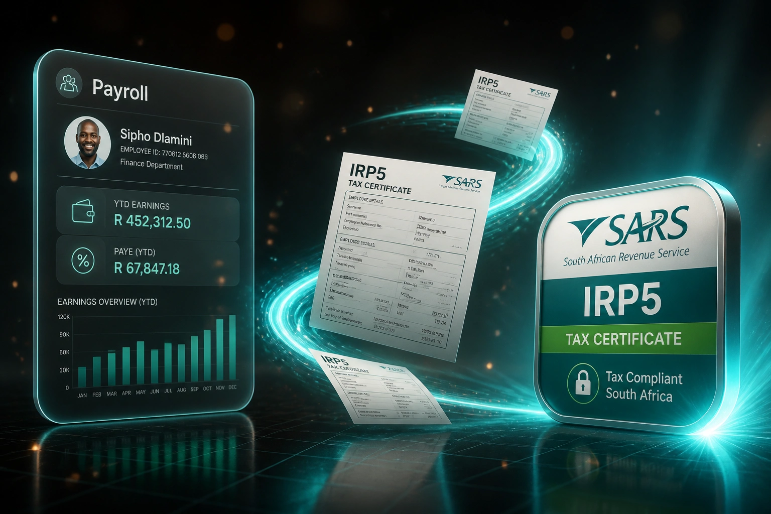A payroll glass panel and an IRP5 SARS tax certificate badge connected by certificate documents on a teal ribbon of light, illustrating automated IRP5 generation