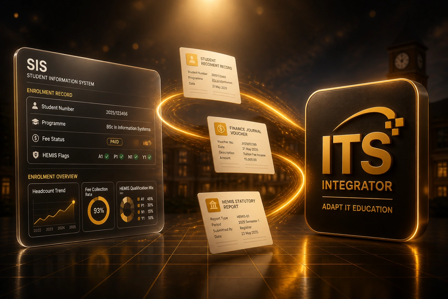 A glass SIS enrolment panel and a glossy ITS Integrator Adapt IT badge linked by a gold amber ribbon of student records, finance journals, and HEMIS reports