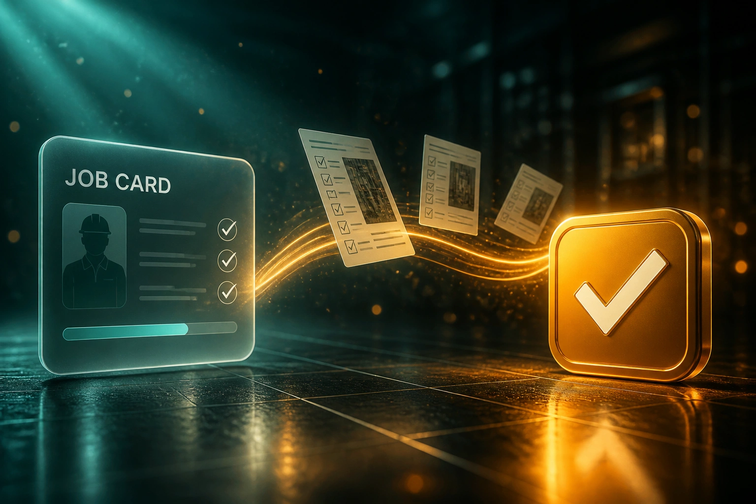 A glass JOB CARD panel linked by an amber ribbon of checklist documents to a glossy gold checkmark badge, illustrating mandatory job completion checklist automation
