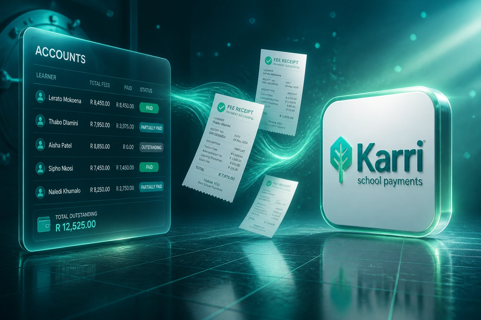 A glass ACCOUNTS fee ledger and the Karri logo linked by an emerald ribbon of payment receipts, illustrating automated school payment integration
