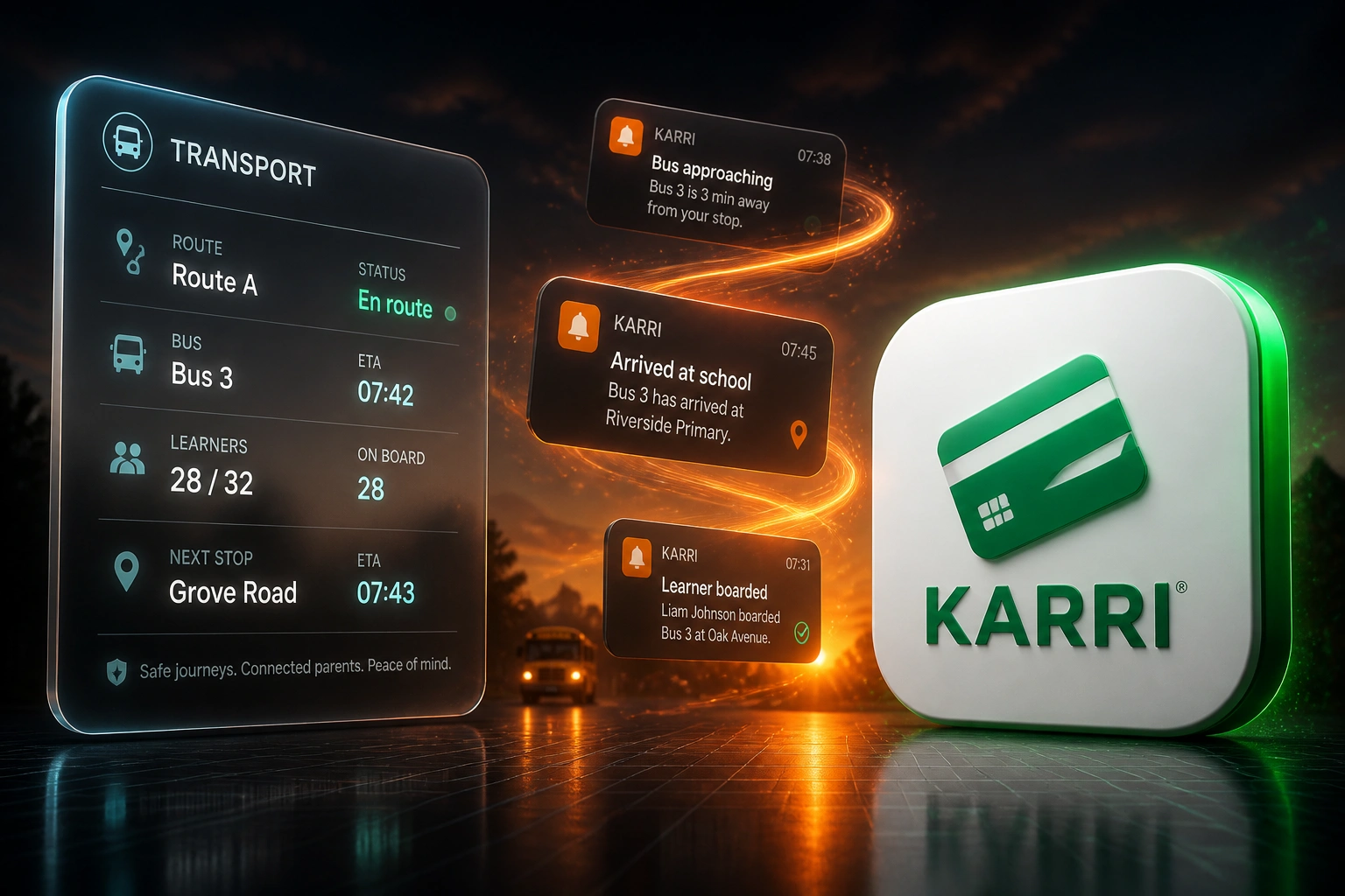A glass TRANSPORT panel with live bus route status and a glossy Karri badge linked by a safety-orange ribbon of parent alert cards over a dusk road