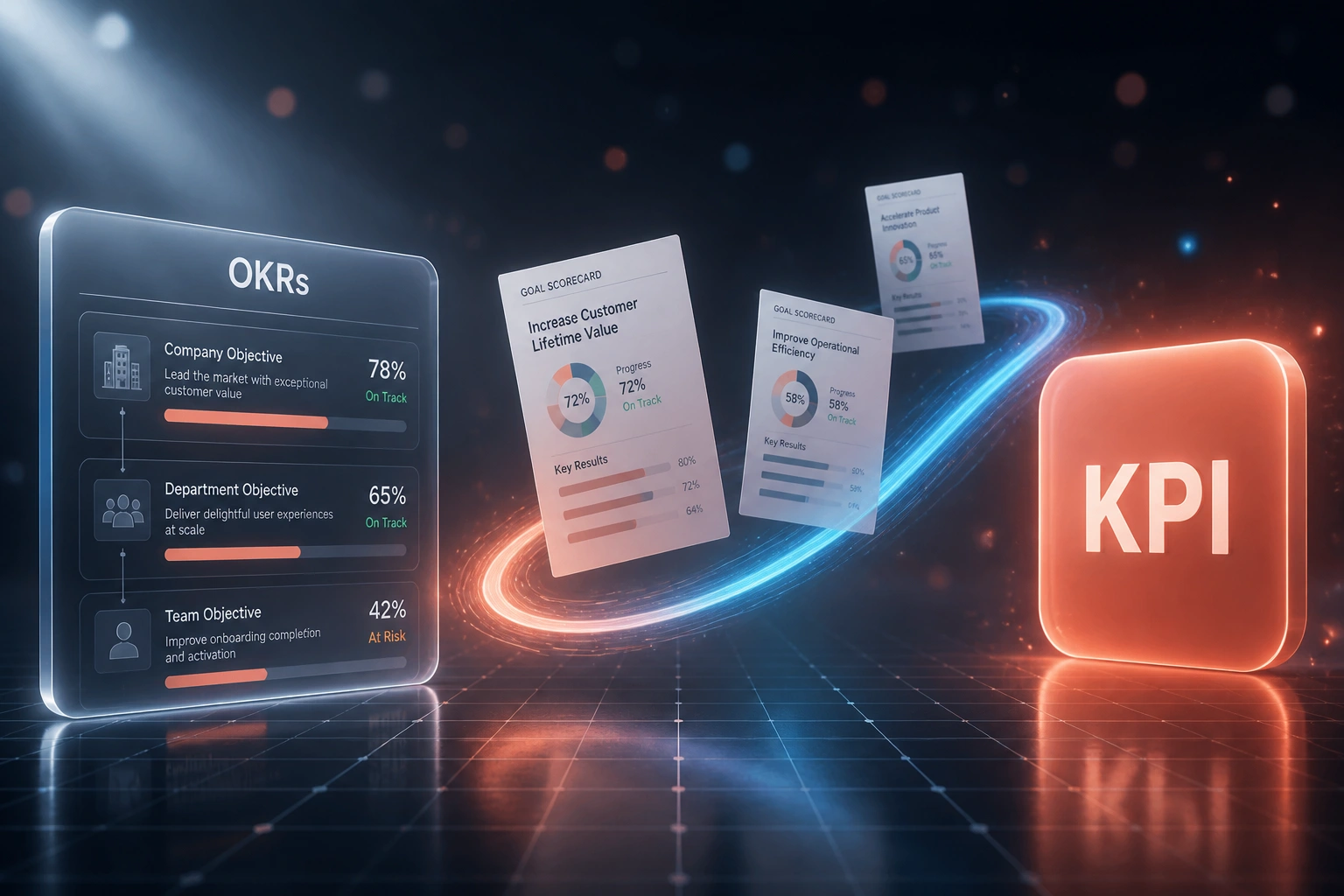 A glass OKRs panel cascading company to team goals linked by a coral ribbon of scorecard documents to a glossy KPI badge