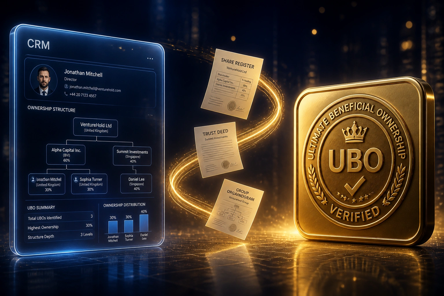 A CRM ownership organogram and a gold ultimate beneficial ownership seal connected by a ribbon of share registers and trust deeds
