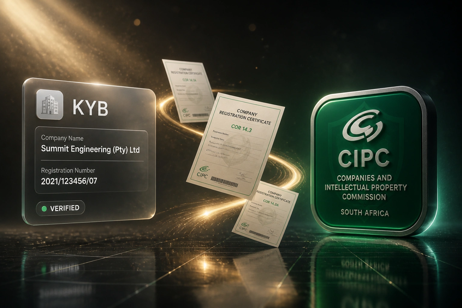 A glass KYB onboarding panel and a green CIPC registry badge connected by company certificates on a ribbon of light, illustrating automated South African company verification