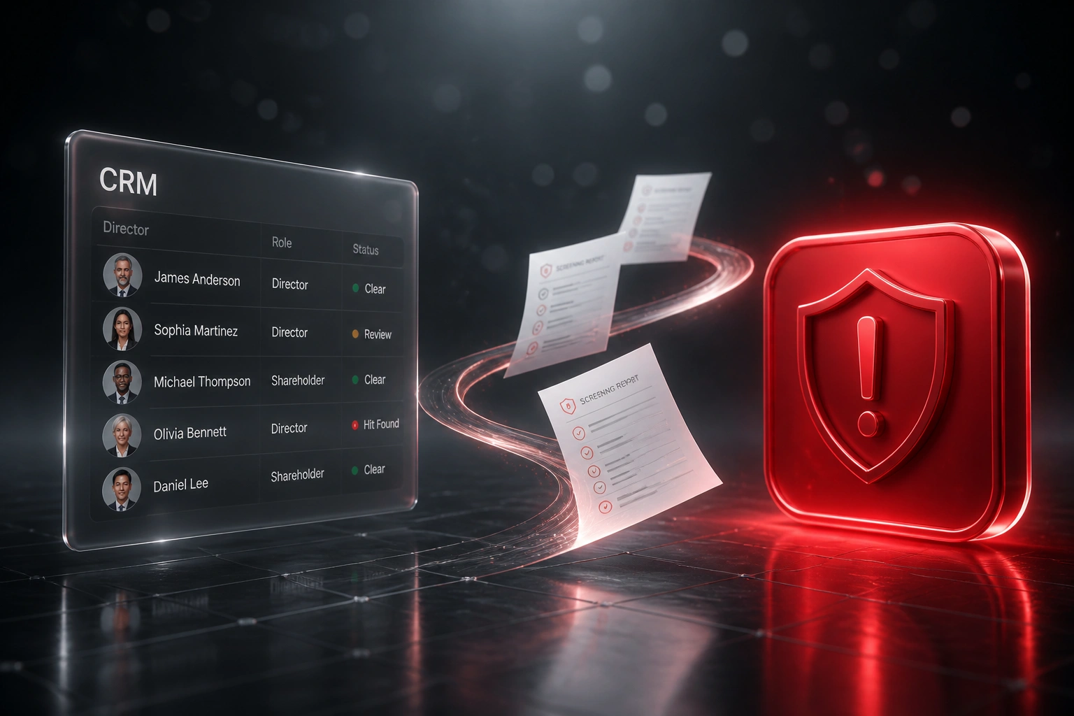 A CRM director list panel connected by screening reports to a crimson alert badge, illustrating automated KYB director and shareholder screening