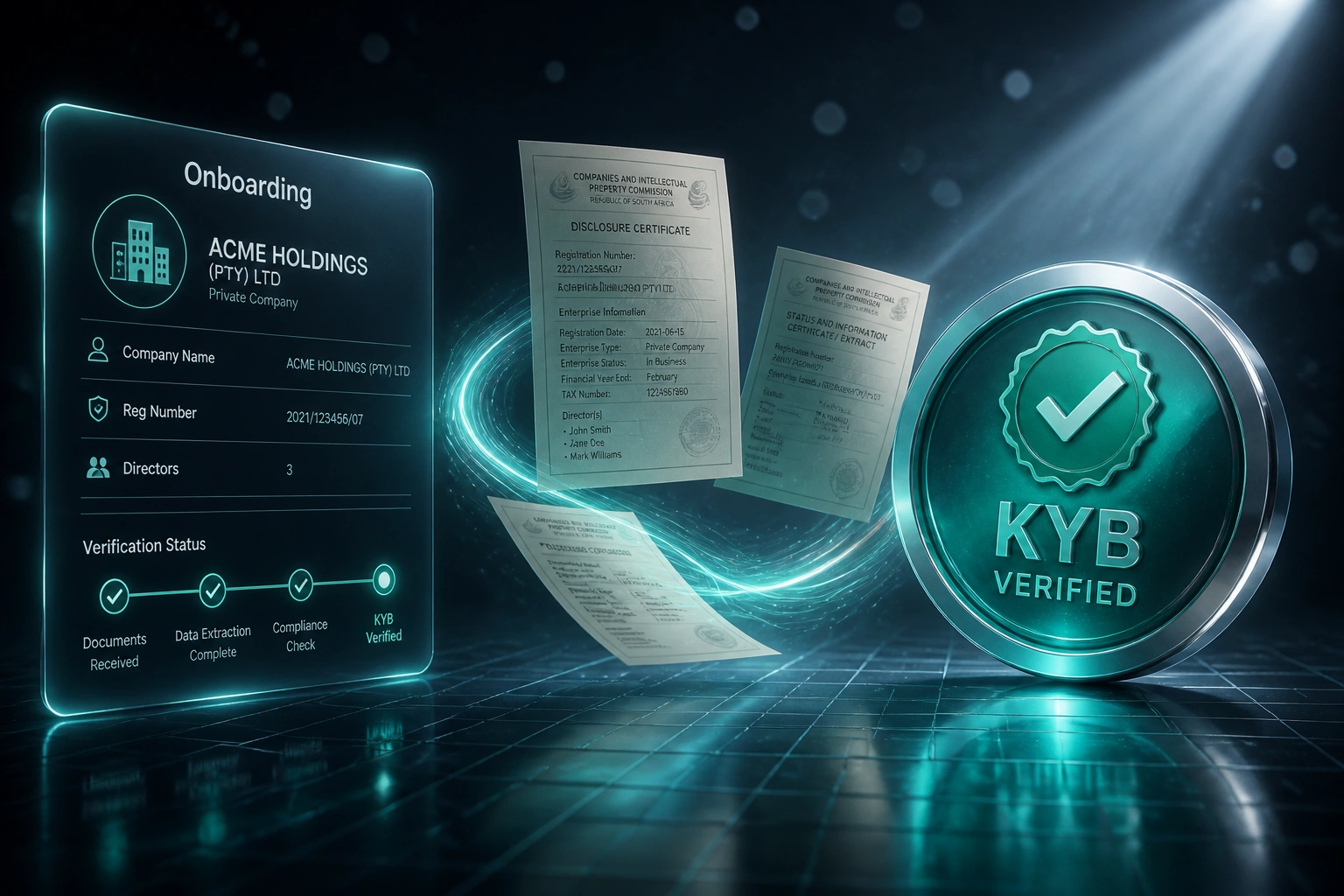 A glass Onboarding panel and a teal KYB Verified seal connected by CIPC disclosure certificates on a ribbon of light, illustrating automated entity verification