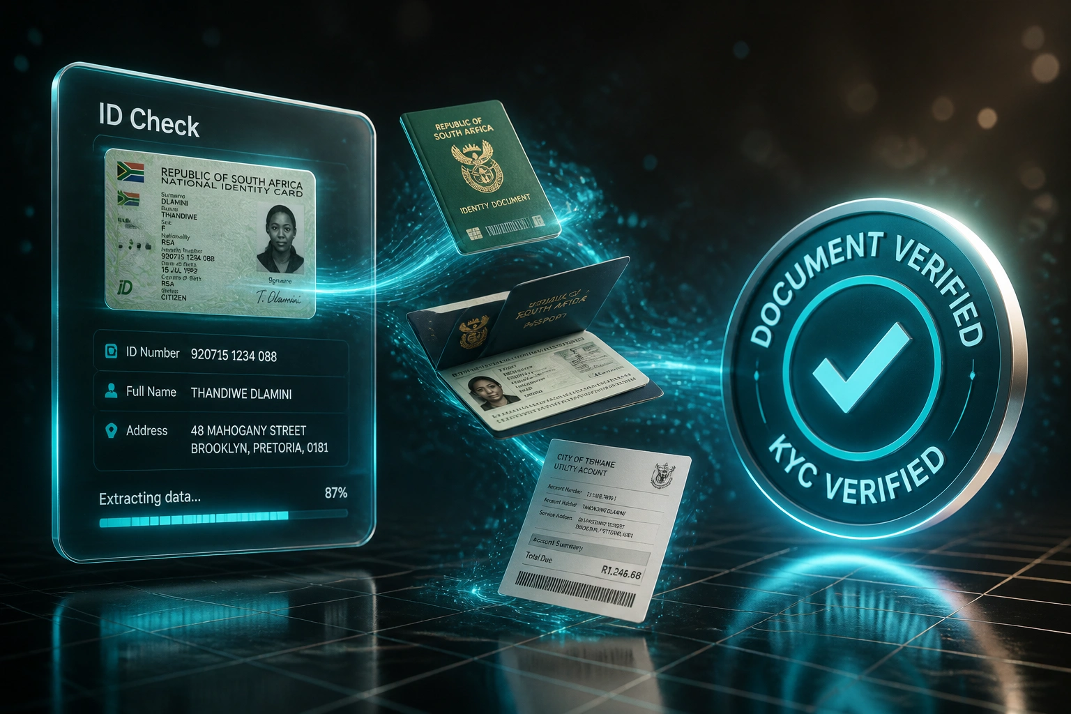 A glass ID Check panel and a cyan document-verified seal connected by SA ID, passport, and utility bill documents on a ribbon of light