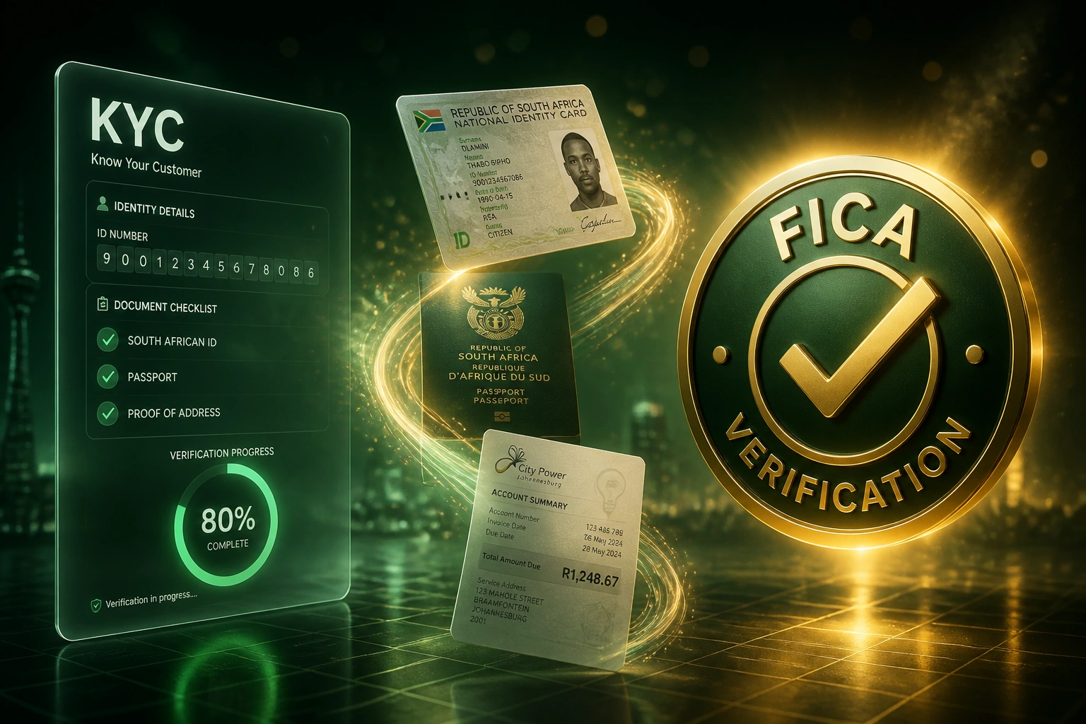 A glass KYC verification panel and a gold FICA seal connected by identity documents on a ribbon of light, illustrating automated FICA-compliant onboarding