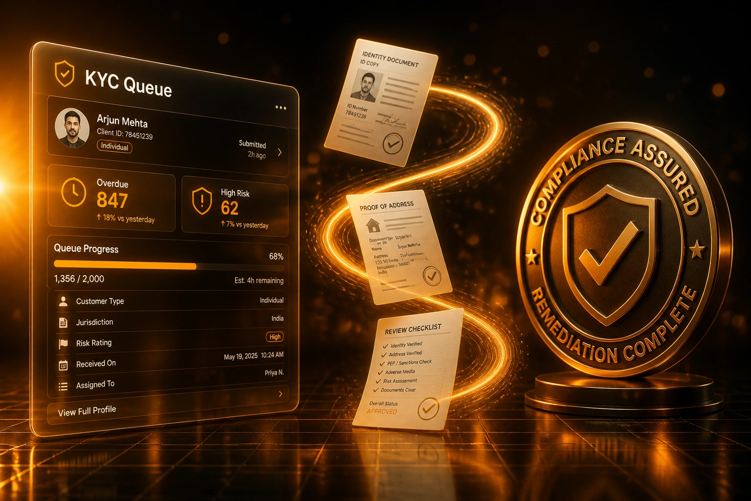 A glass KYC Queue panel and an amber remediation compliance seal connected by ID and proof-of-address documents on a ribbon of light