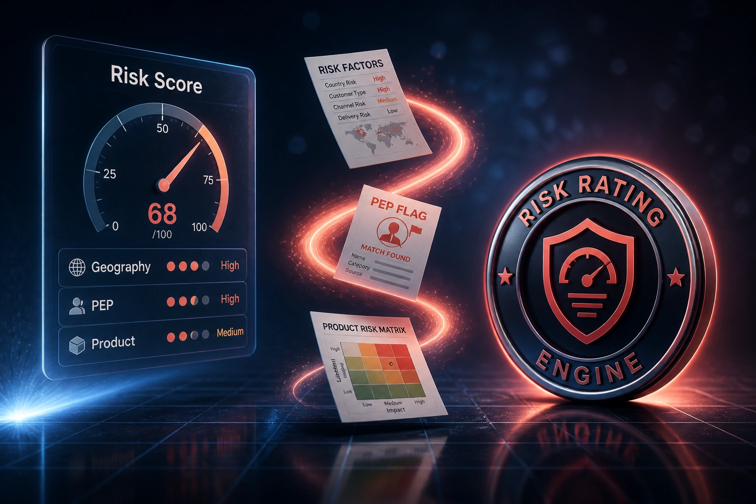 A glass Risk Score panel and a coral risk-rating engine seal connected by scoring documents on a ribbon of light, illustrating automated client risk classification