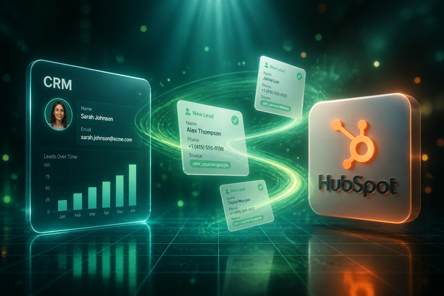 A glass CRM panel and a glossy HubSpot badge connected by a lime-mint ribbon of landing page lead cards with UTM sources, illustrating automated form-to-CRM lead integration