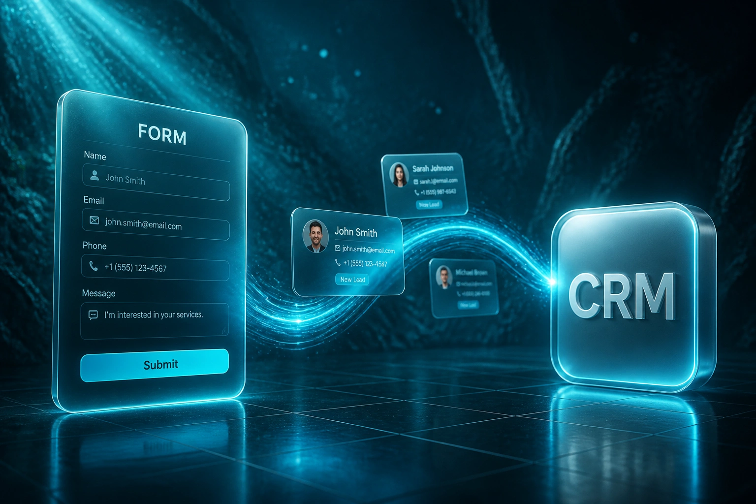 A floating web form panel and a CRM badge connected by a cyan ribbon of lead cards, illustrating automated lead capture form automation