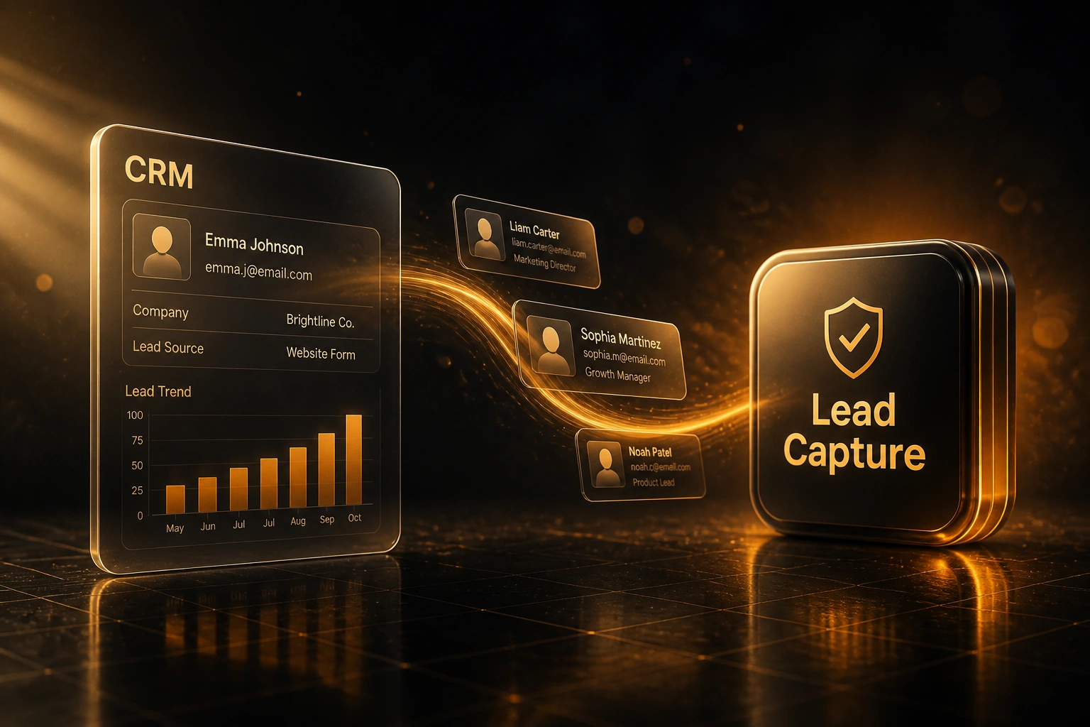 A glass CRM panel and an amber Lead Capture badge linked by flying contact cards on a glowing ribbon, illustrating lead leakage prevention