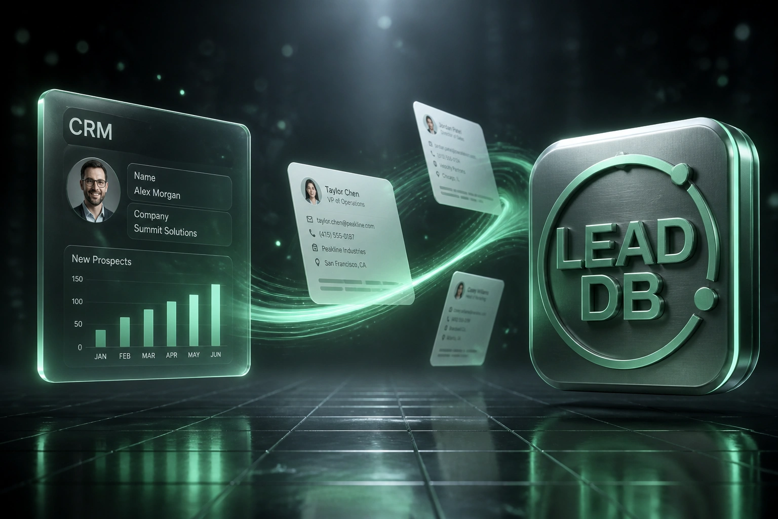 A glass CRM panel and a mint LEAD DB badge connected by a flowing ribbon of prospect cards, illustrating automated lead list building from public data