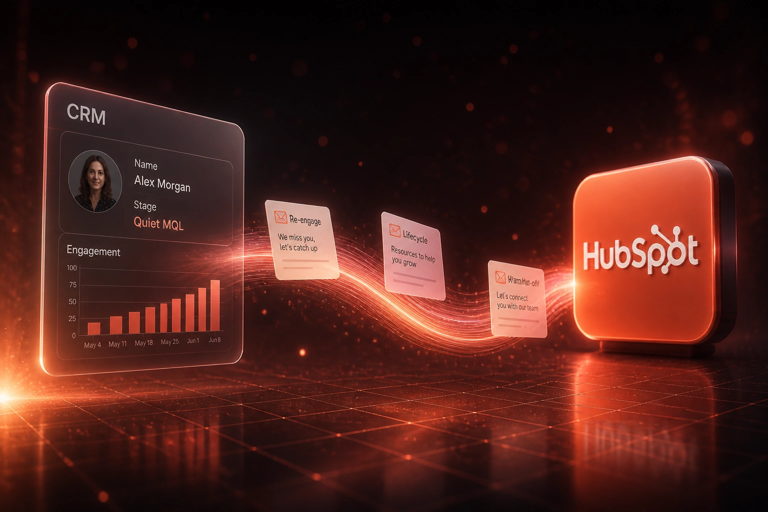 A CRM quiet-MQL panel connected to HubSpot by a coral ribbon of nurture email and lifecycle stage cards, illustrating lead nurture workflow automation