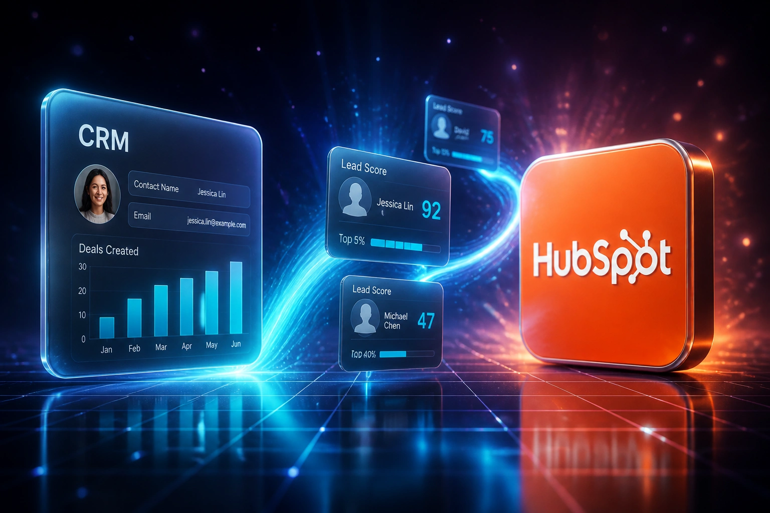 A CRM contact panel and the HubSpot logo connected by scored lead ranking cards on a cyan light ribbon, illustrating automated lead scoring