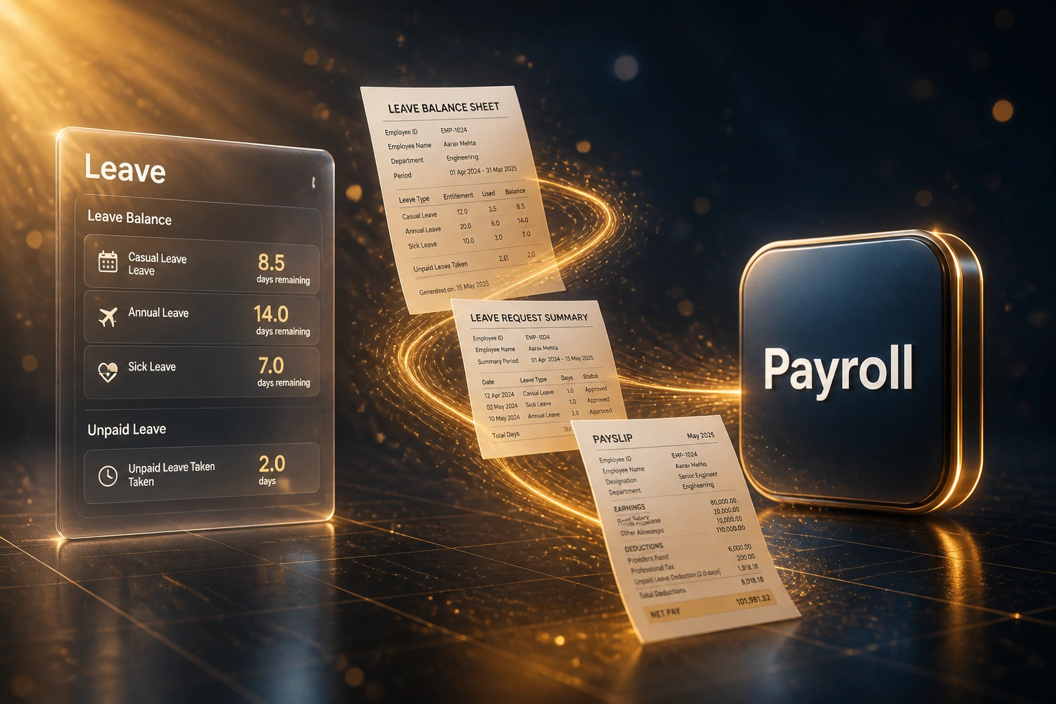 A glass Leave panel and a glossy Payroll badge connected by an amber ribbon of leave balance sheets and payslips, illustrating automated leave-to-payroll sync