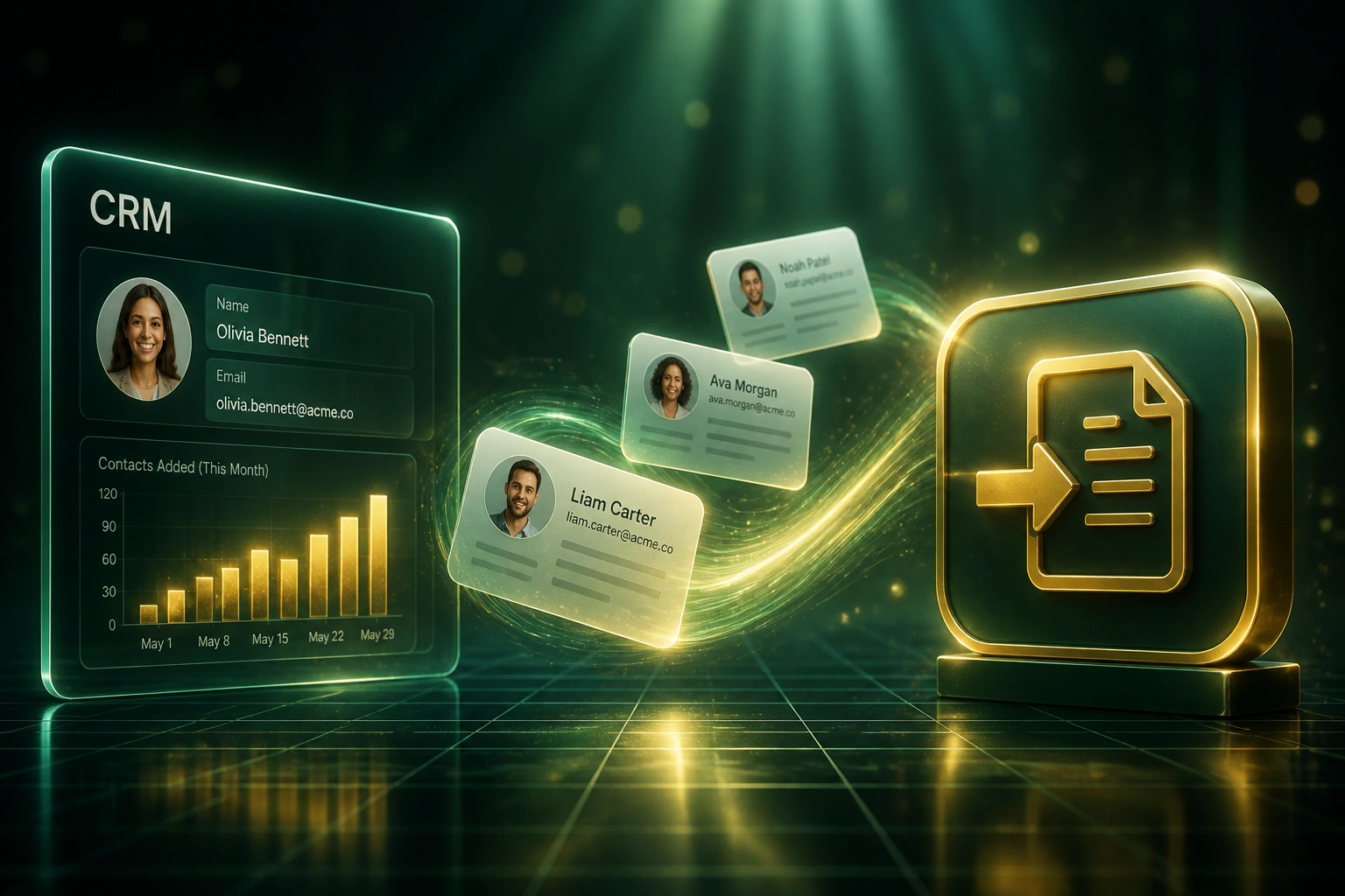 Glass CRM panel and a gold export badge linked by a luminous ribbon carrying contact cards over a forest emerald reflective grid