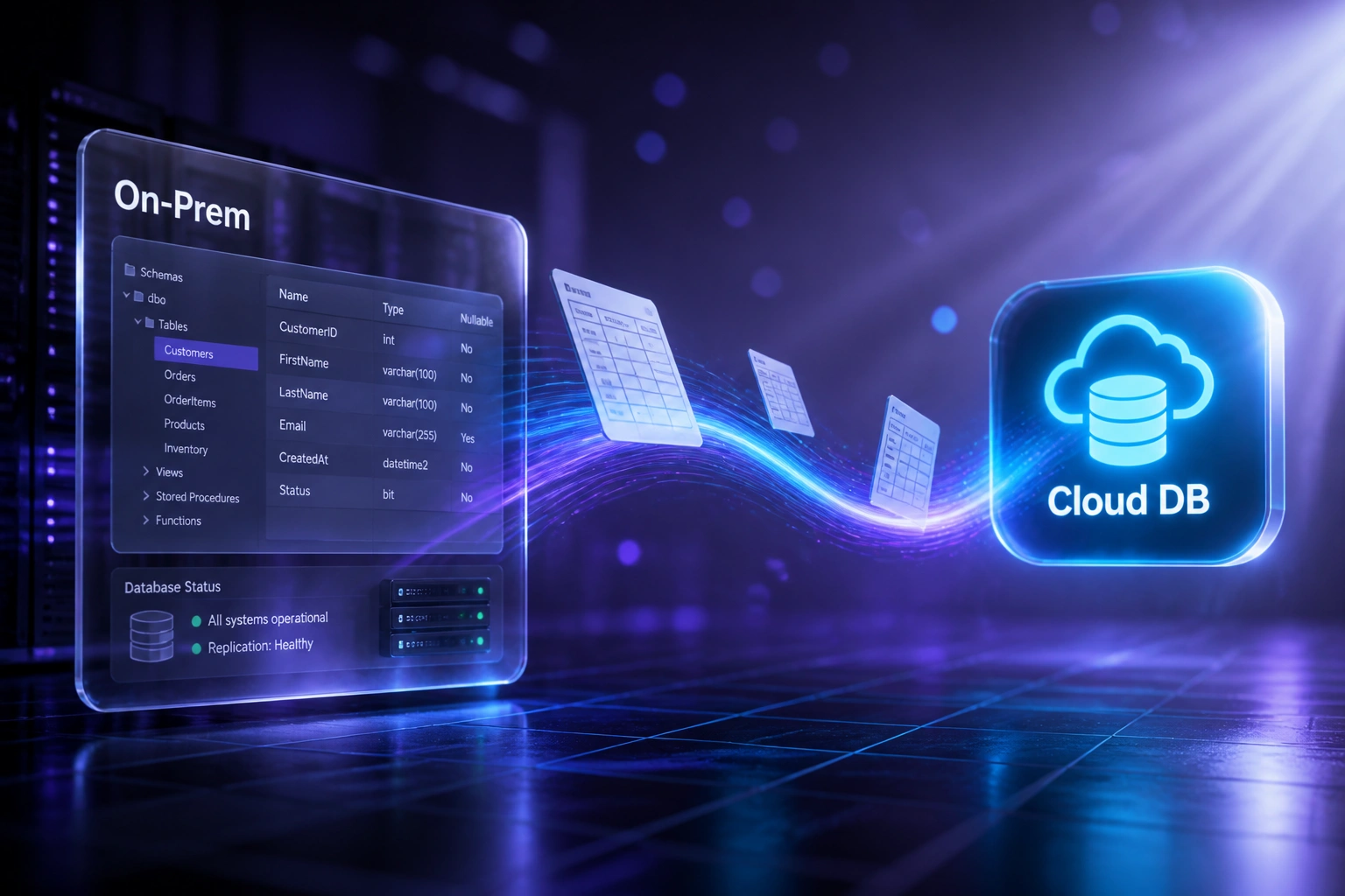 An on-premise database panel and a cloud database badge connected by a flowing stream of schema documents, illustrating legacy database migration to the cloud